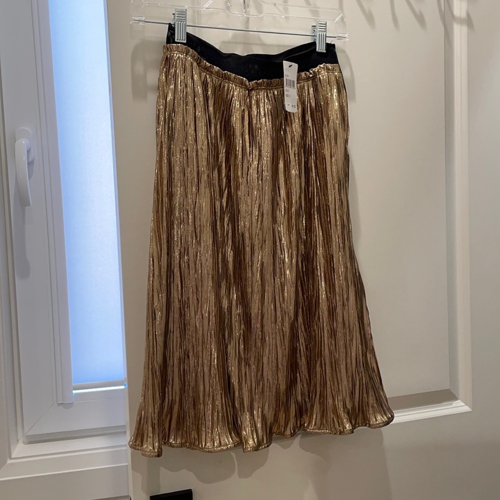 Astr Shimmery Gold Pleated Midi Skirt with Black Waistband